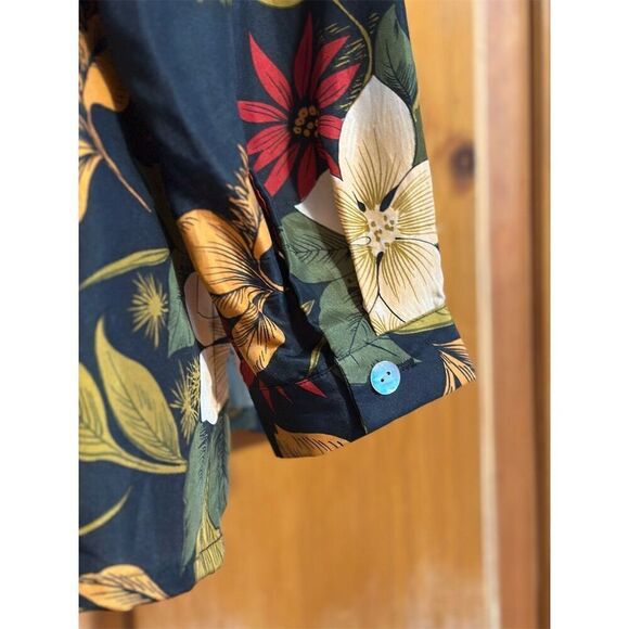 COACO Women's Black Tropical Print Floral Silk Blouse Long Sleeve Button Down - Picture 5 of 8